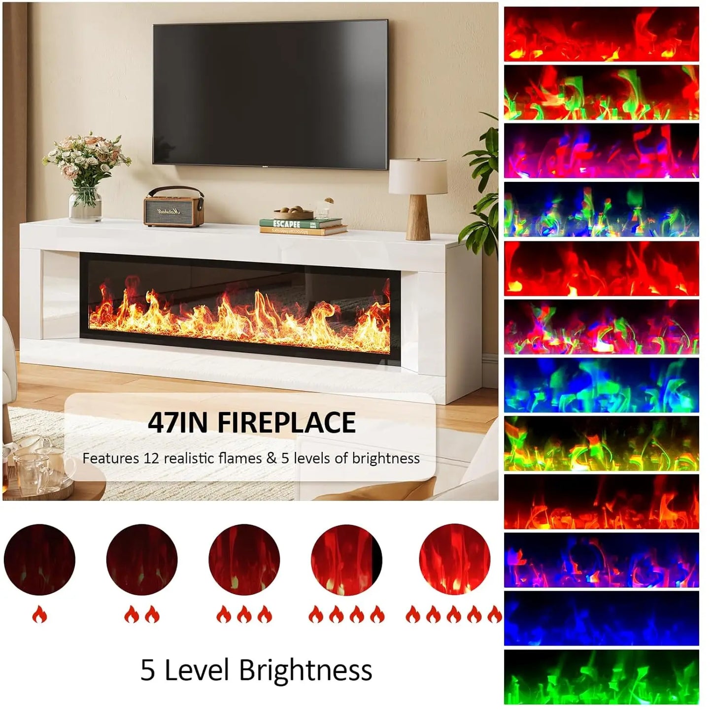 Modern Electric Fireplace TV Stand 63in 12-Color Flame White