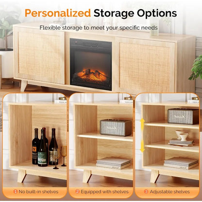 VINGLI Fireplace TV Stand 70 inch Rattan Entertainment Center
