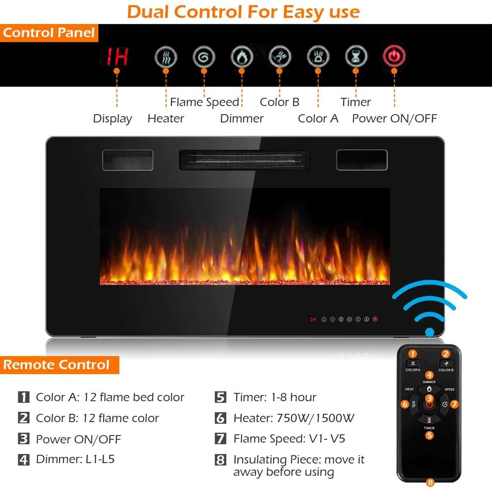GenFlame 36 Inch Electric Fireplace Insert Wall Mounted Recessed Heater Remote Control
