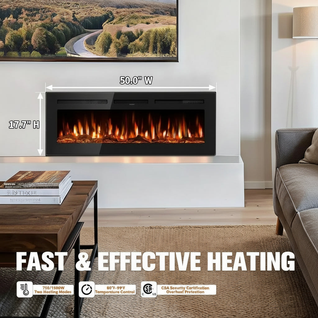 50-inch Ultra Slim Electric Fireplace Insert and Wall Mount