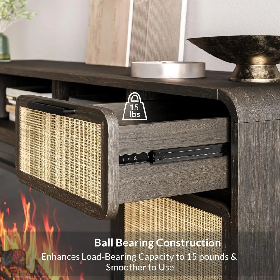 LISM 68-Inch Boho TV Stand with Rattan and Electric Fireplace