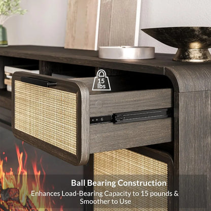 LISM 68-Inch Boho TV Stand with Rattan and Electric Fireplace