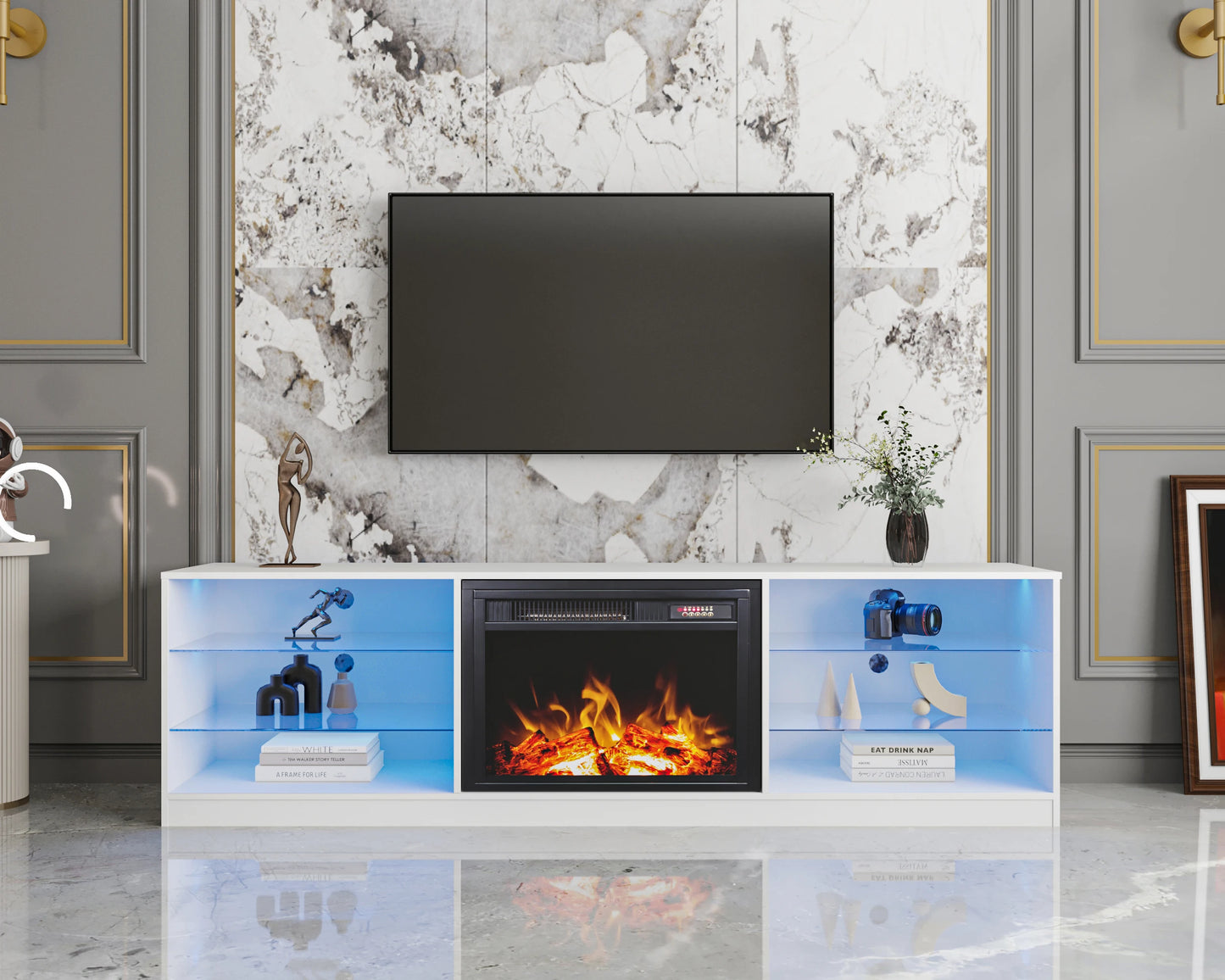 Floating Electric Fireplace TV Stand 72-inch Modern High Gloss Wall Mounted