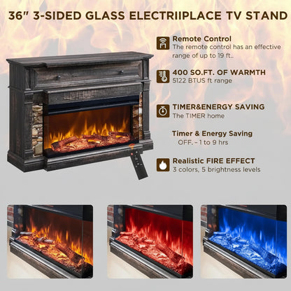Electric Fireplace TV Stand 52-Inch 3-Sided Glass Dark Rustic Oak