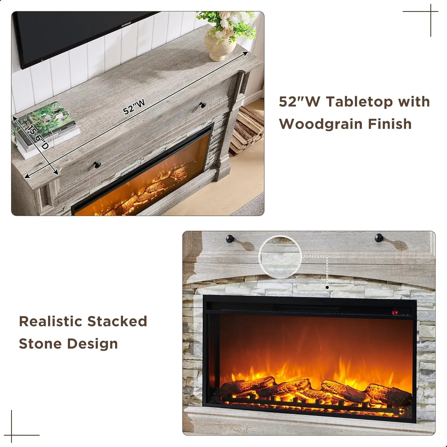52in Farmhouse Electric Fireplace TV Stand with Mantel