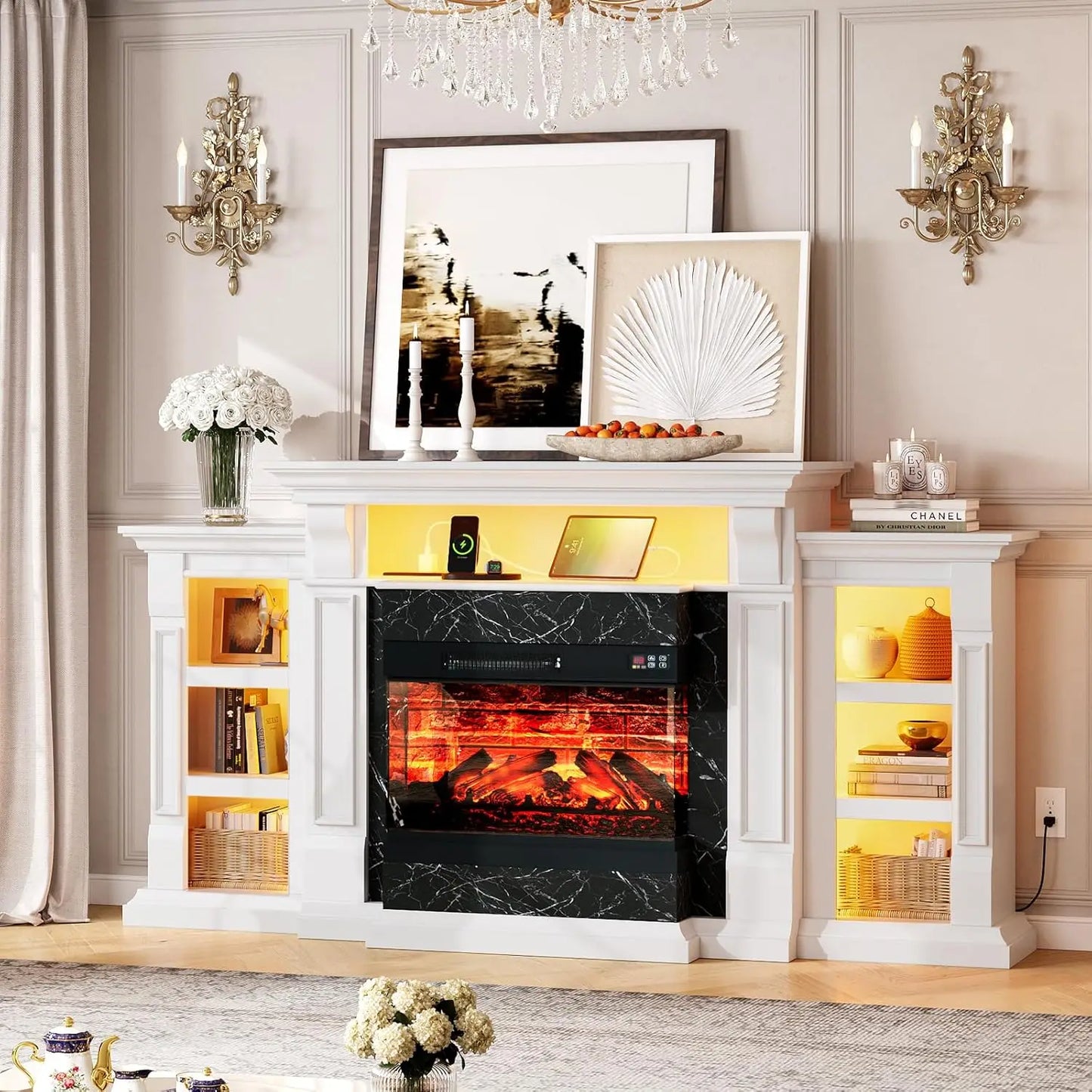 72in White Electric Fireplace TV Stand 3-Sided Glass Media Console