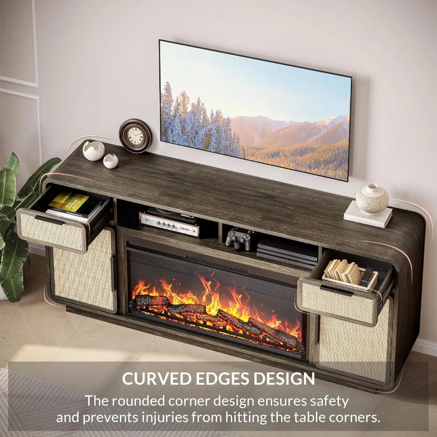 LISM 68-Inch Boho TV Stand with Rattan and Electric Fireplace
