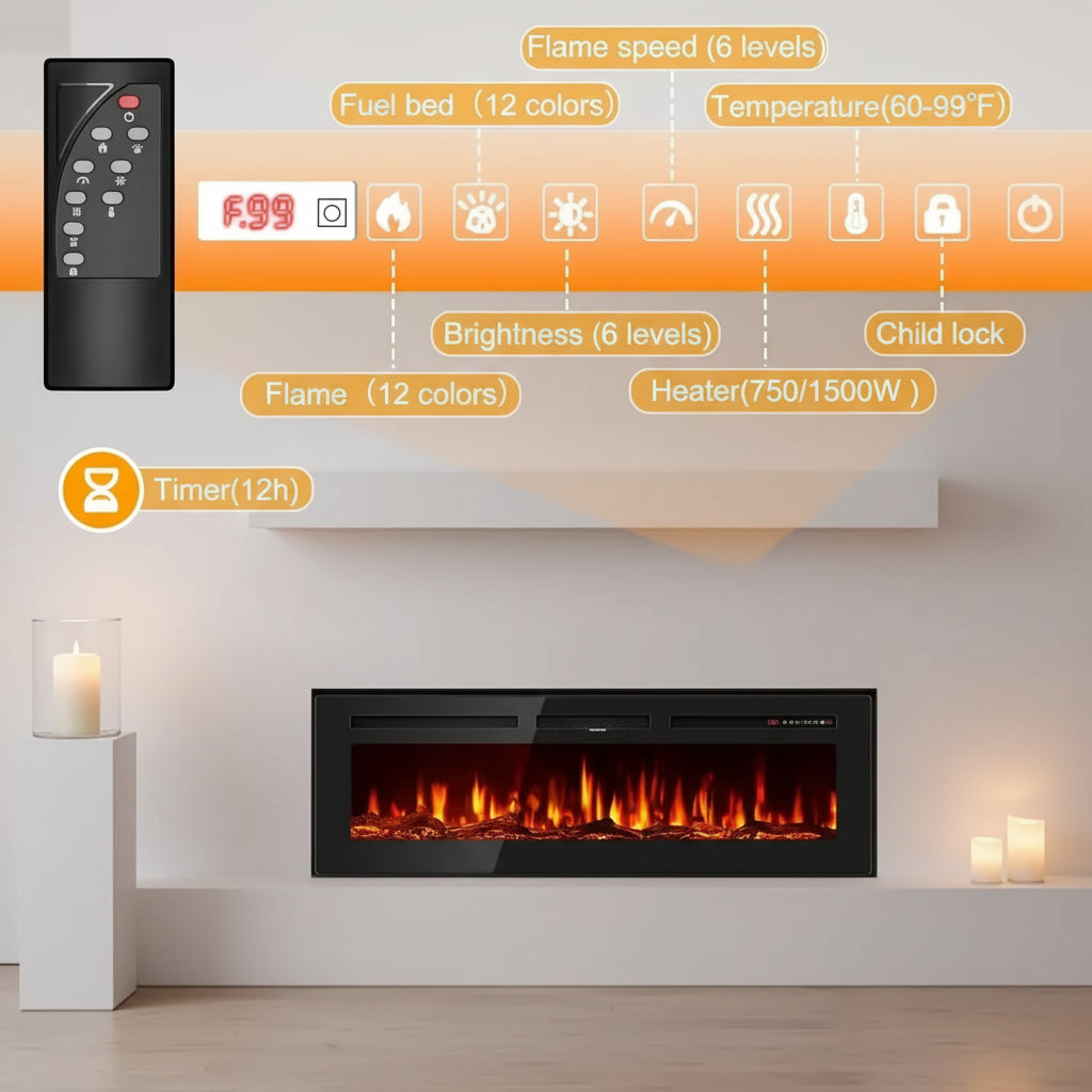 XMSJ 50 Inch Electric Fireplace Wall Mounted Recessed Heater 1500W
