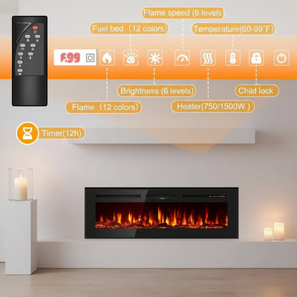 XMSJ 50 Inch Electric Fireplace Wall Mounted Recessed Heater 1500W