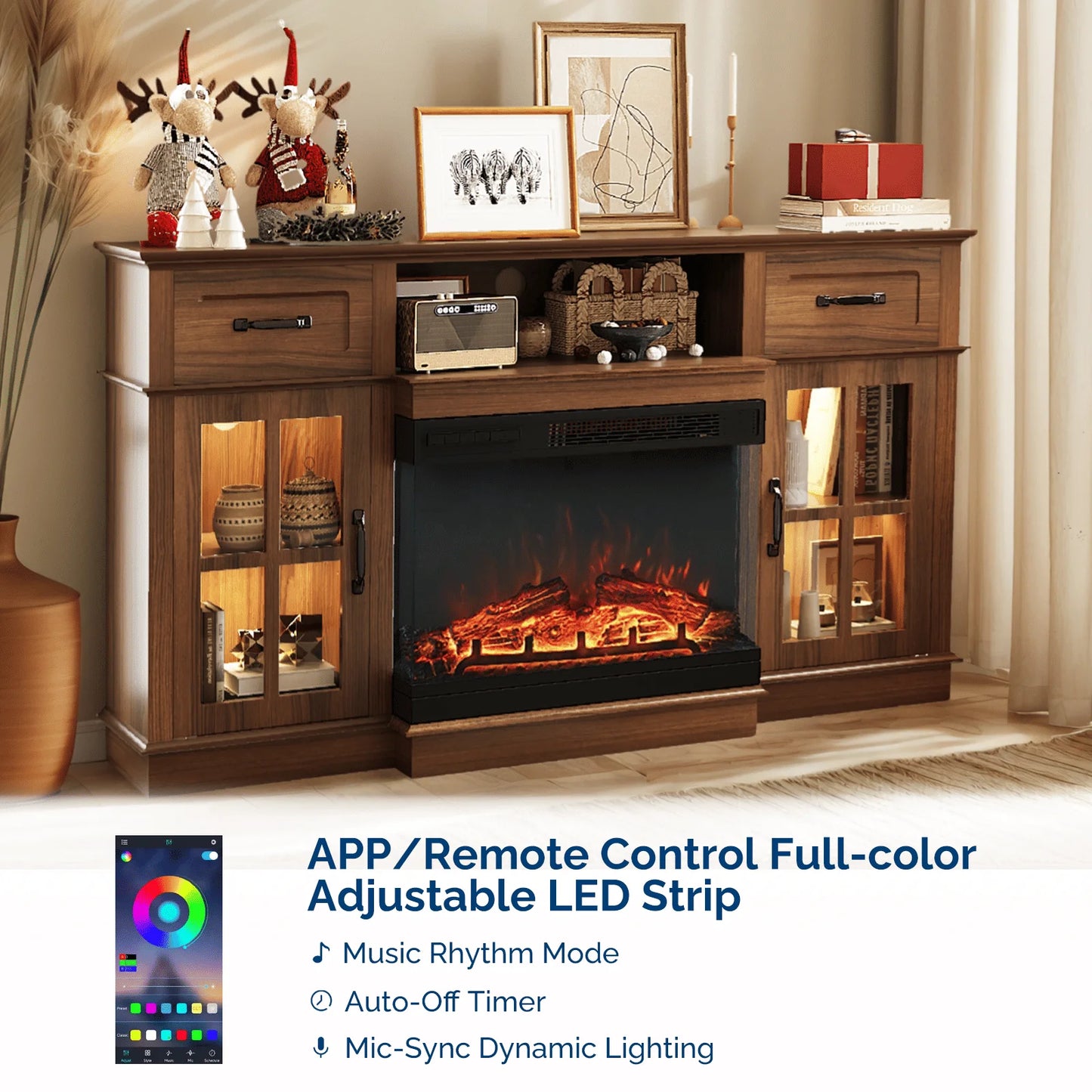 58 Inch Deep Walnut Electric Fireplace TV Stand Lattice Doors