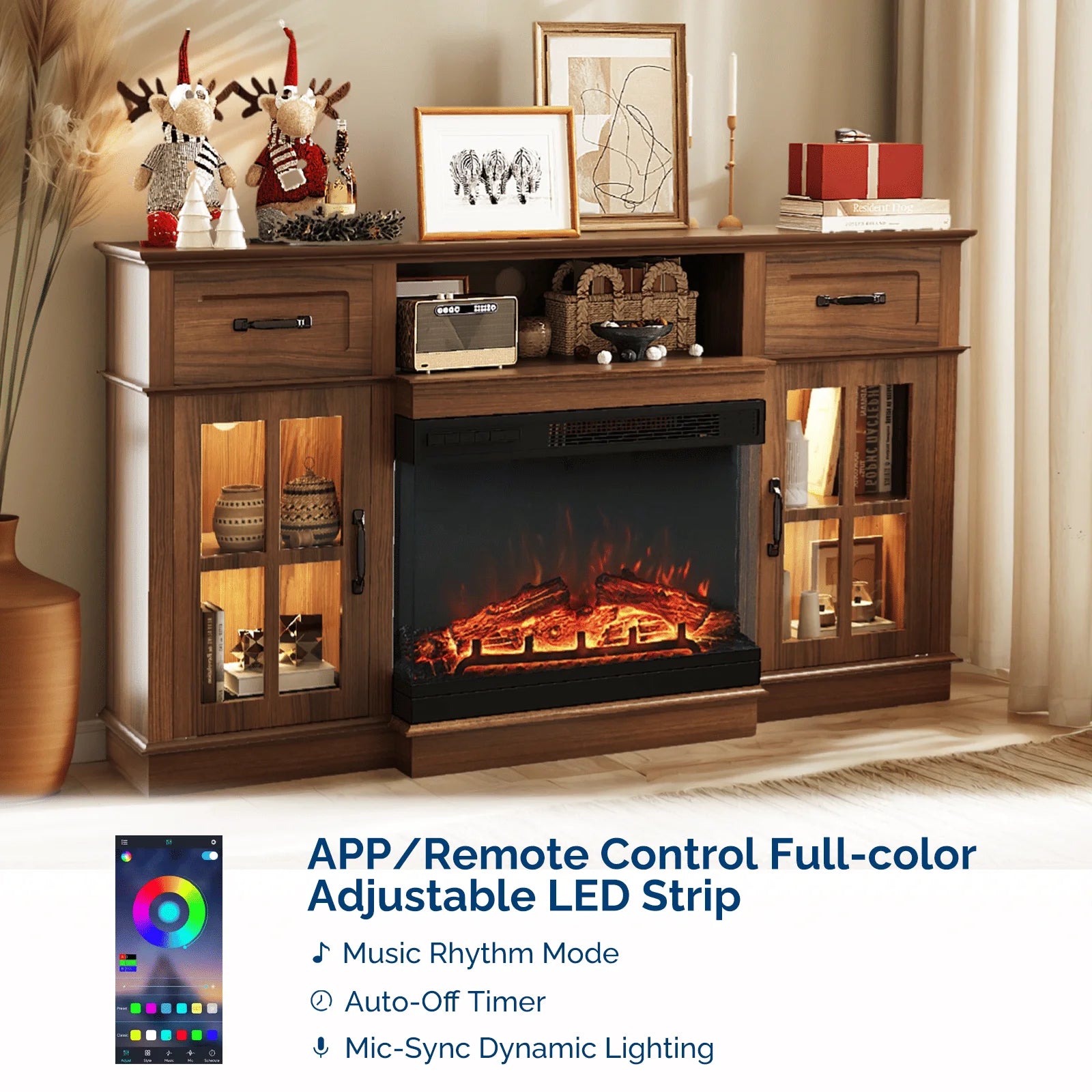 58 Inch Deep Walnut Electric Fireplace TV Stand Lattice Doors