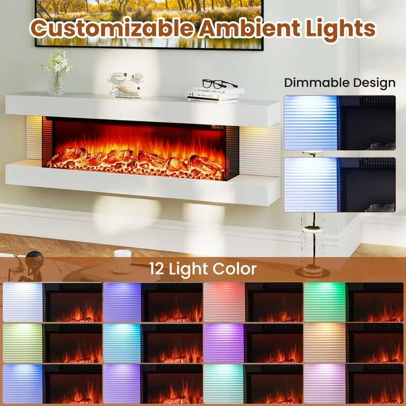 3-Sided Wall Mounted Electric Fireplace with Floating Mantle 36 Inch