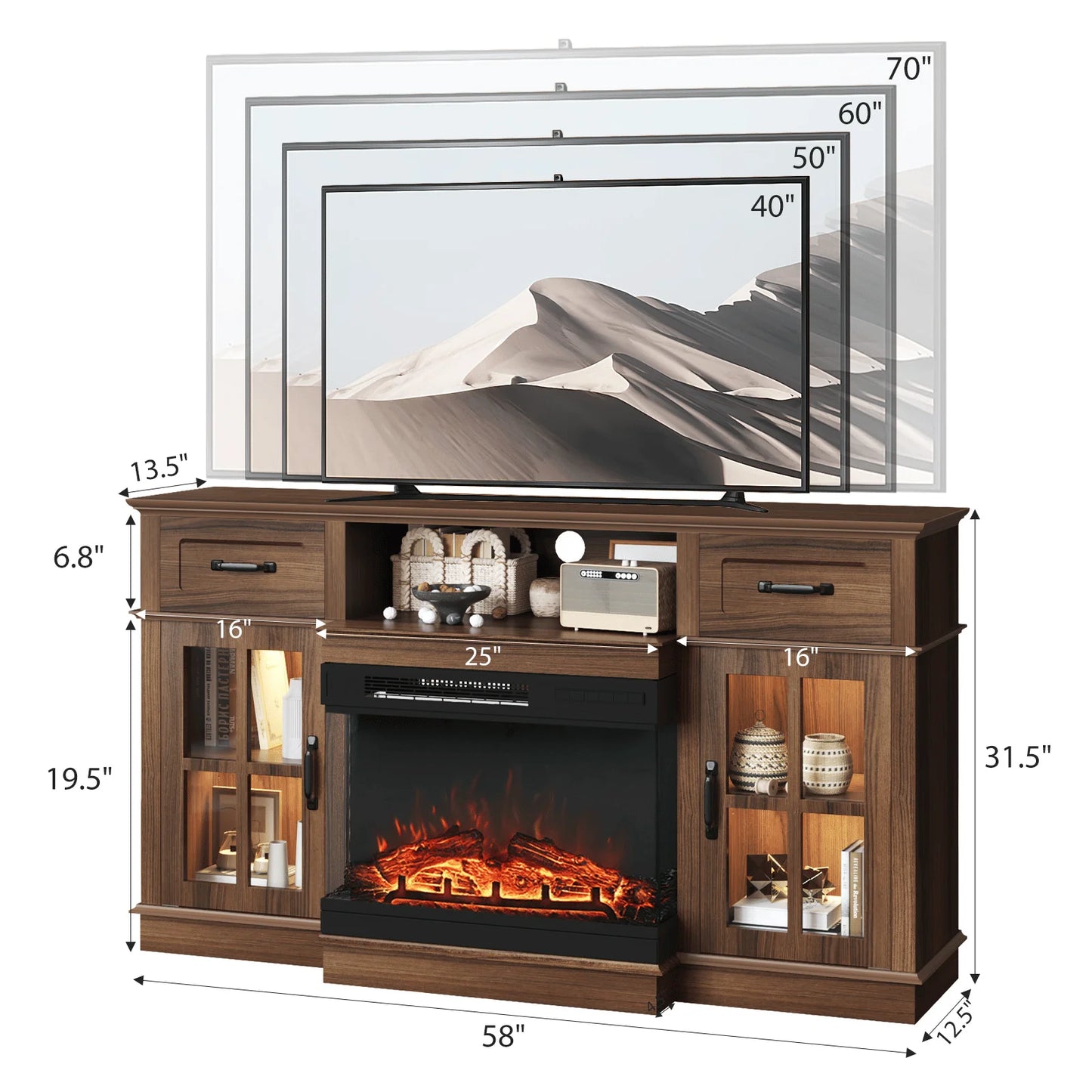 58 Inch Deep Walnut Electric Fireplace TV Stand Lattice Doors
