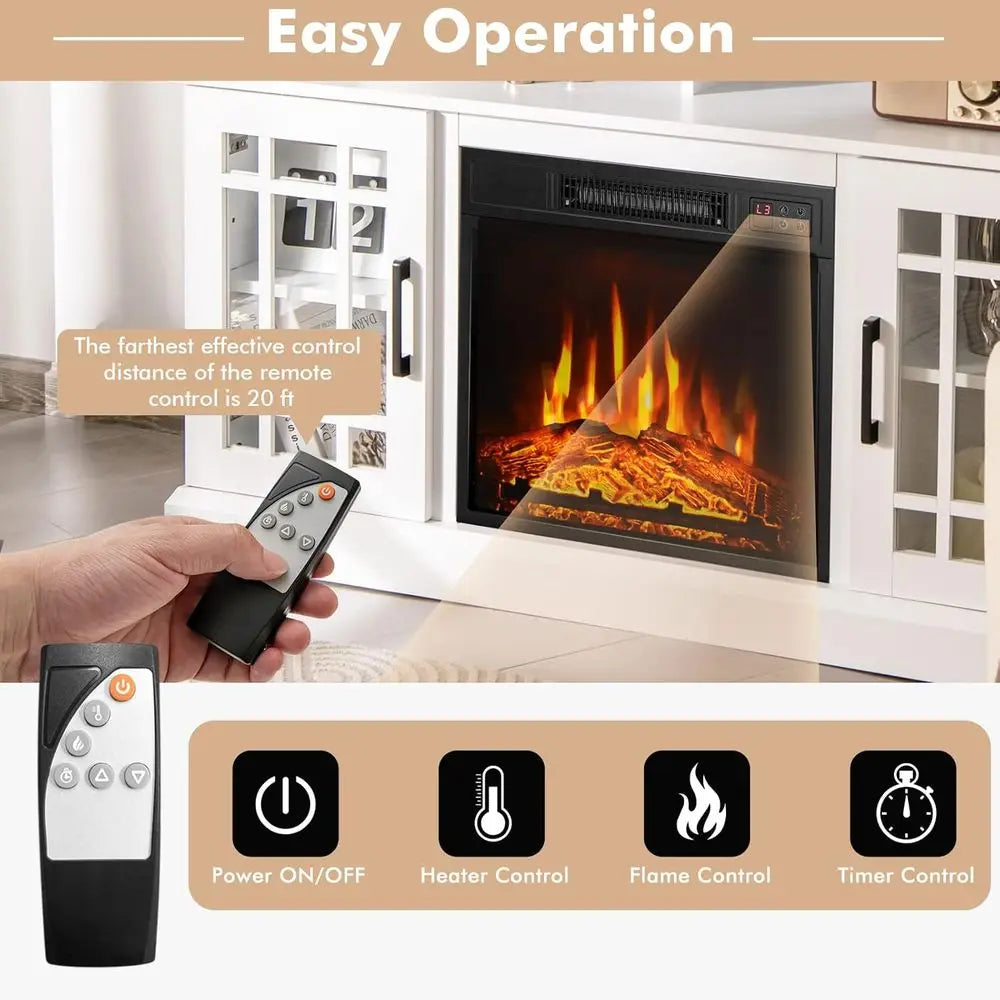 50-Inch TV Electric Fireplace Stand with Side Cabinets and Remote