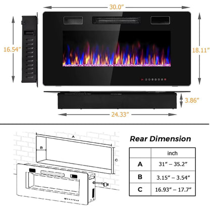 GenFlame 36 Inch Electric Fireplace Insert Wall Mounted Recessed Heater Remote Control