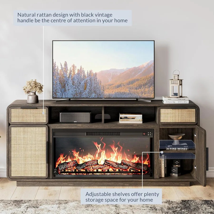 LISM 68-Inch Boho TV Stand with Rattan and Electric Fireplace