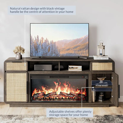 LISM 68-Inch Boho TV Stand with Rattan and Electric Fireplace