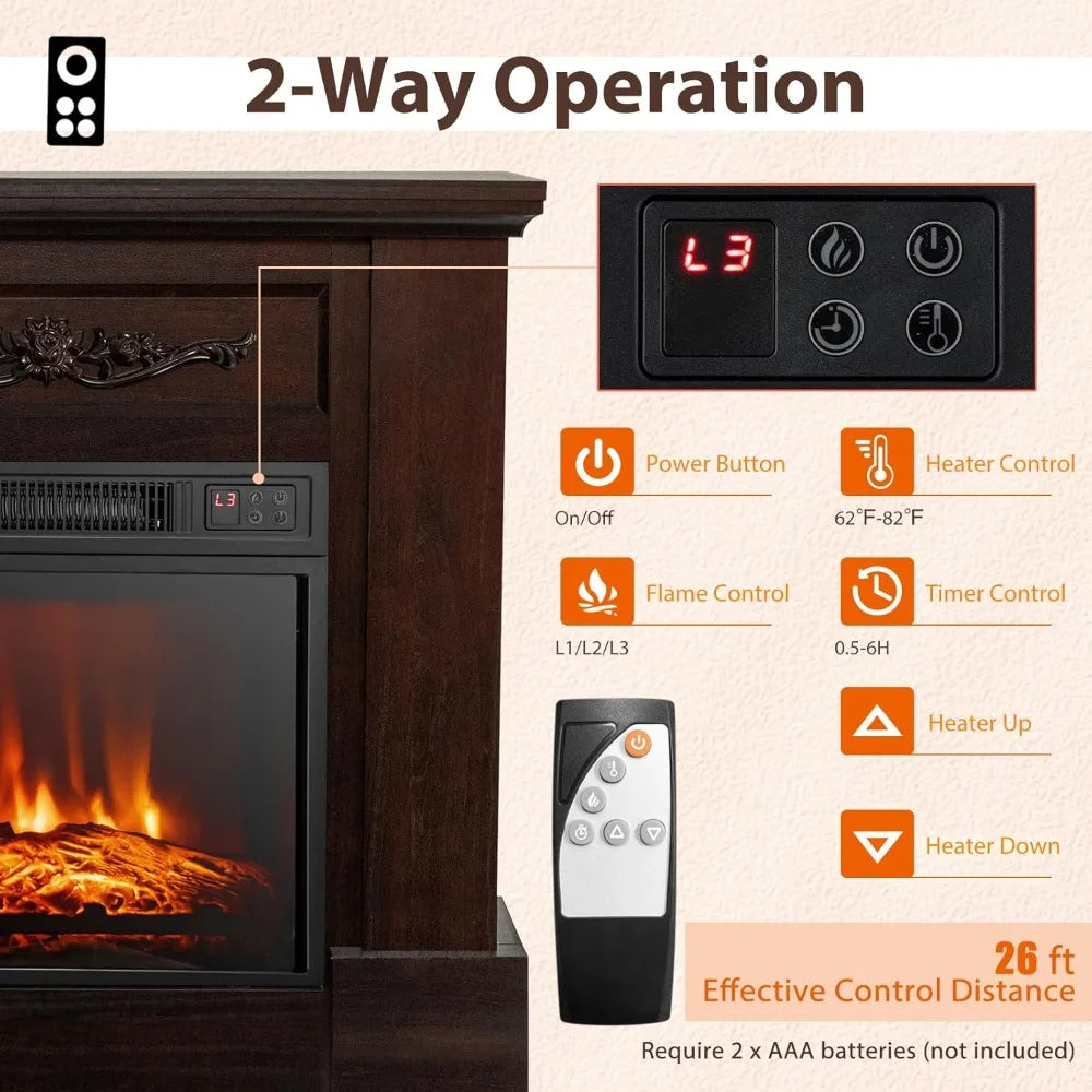 32-Inch Electric Fireplace Mantel 1400W Heater 3D Flame Brown