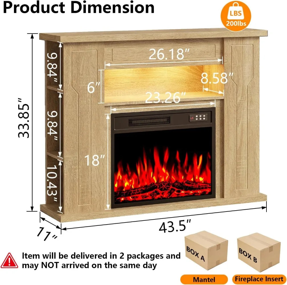 43 Inch Electric Fireplace Mantel Heater with Storage Shelves