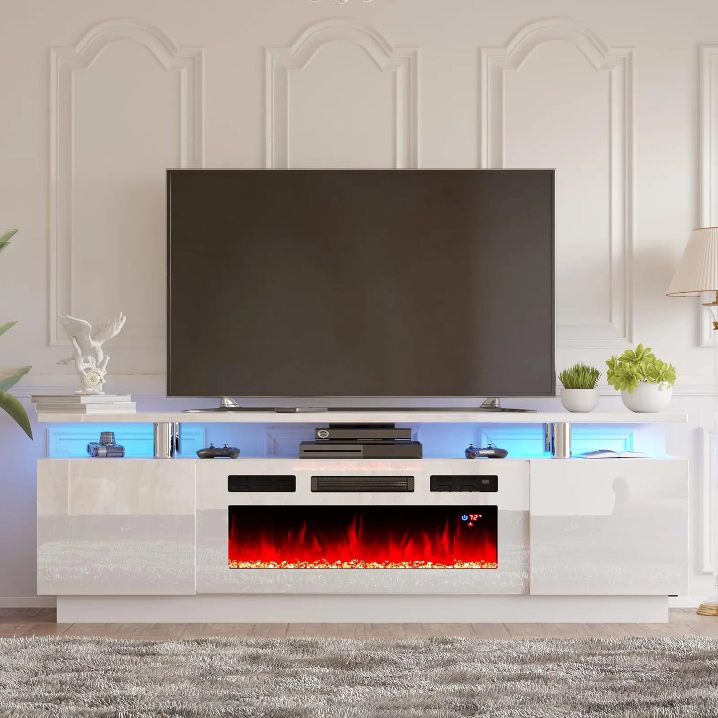 Floating Electric Fireplace TV Stand 72-inch Modern High Gloss Wall Mounted