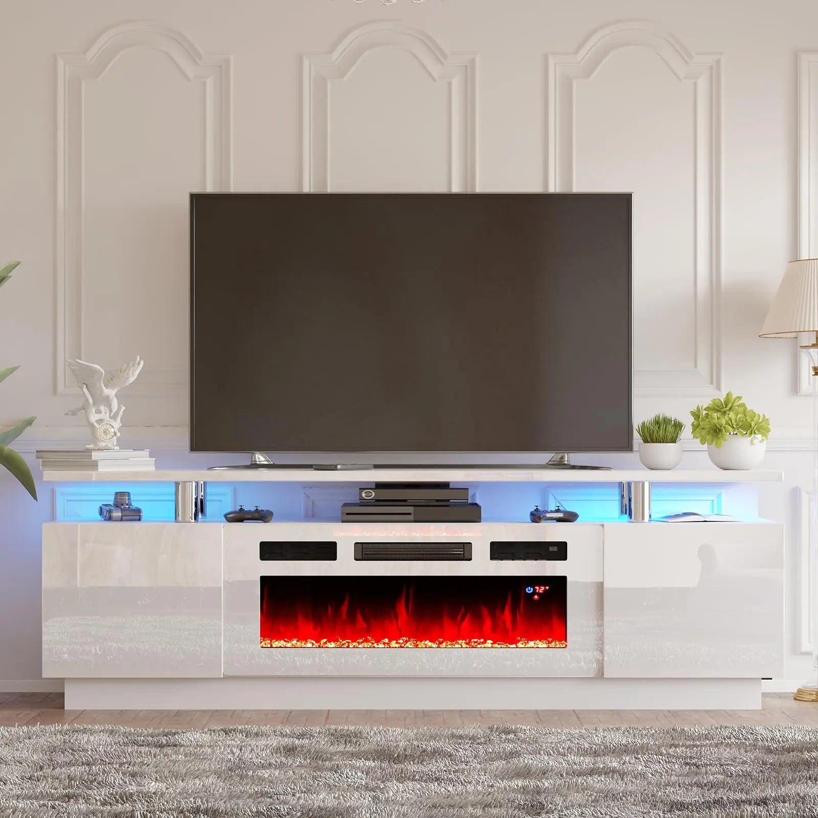 Floating Electric Fireplace TV Stand 72-inch Modern High Gloss Wall Mounted