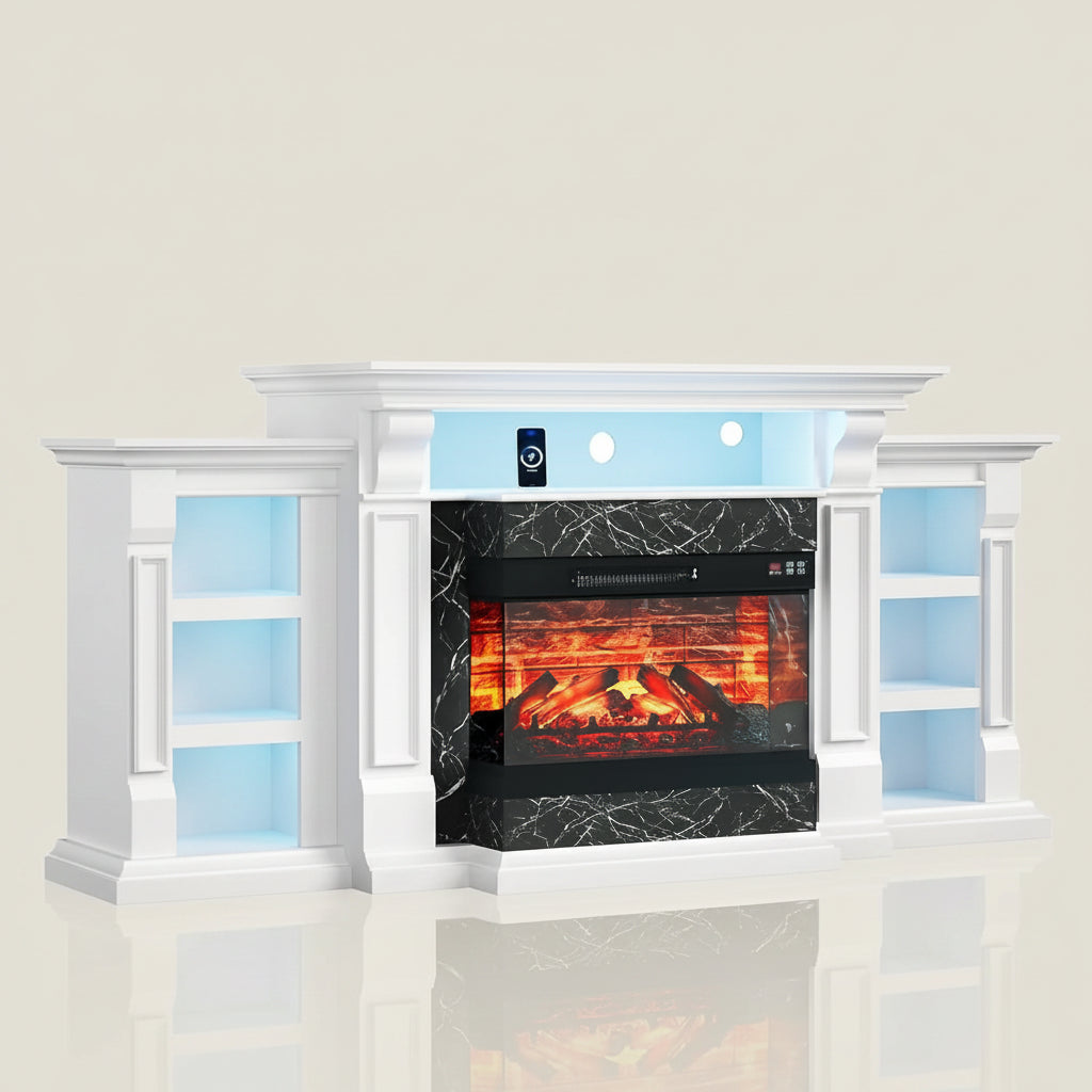 72in White Electric Fireplace TV Stand 3-Sided Glass Media Console
