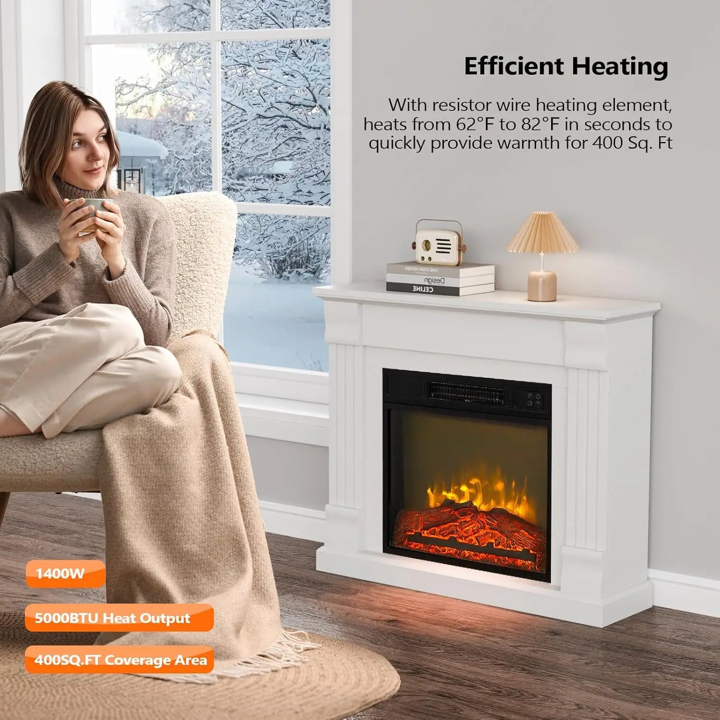 32-inch Electric Fireplace Mantel Heater with Remote and Timer