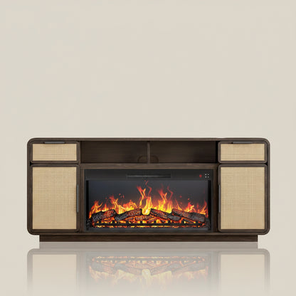 LISM 68-Inch Boho TV Stand with Rattan and Electric Fireplace