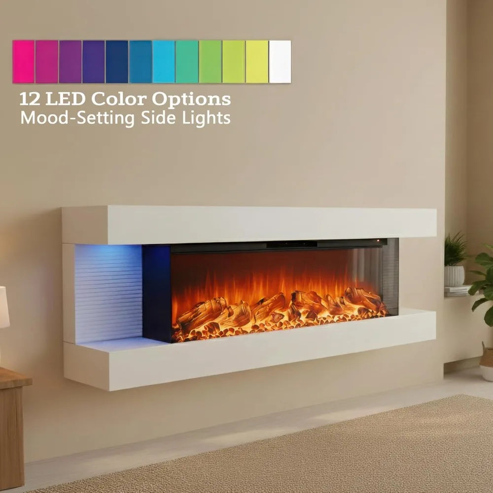 60" Wall Mount Electric Fireplace with 3-Sided View LED Heater White