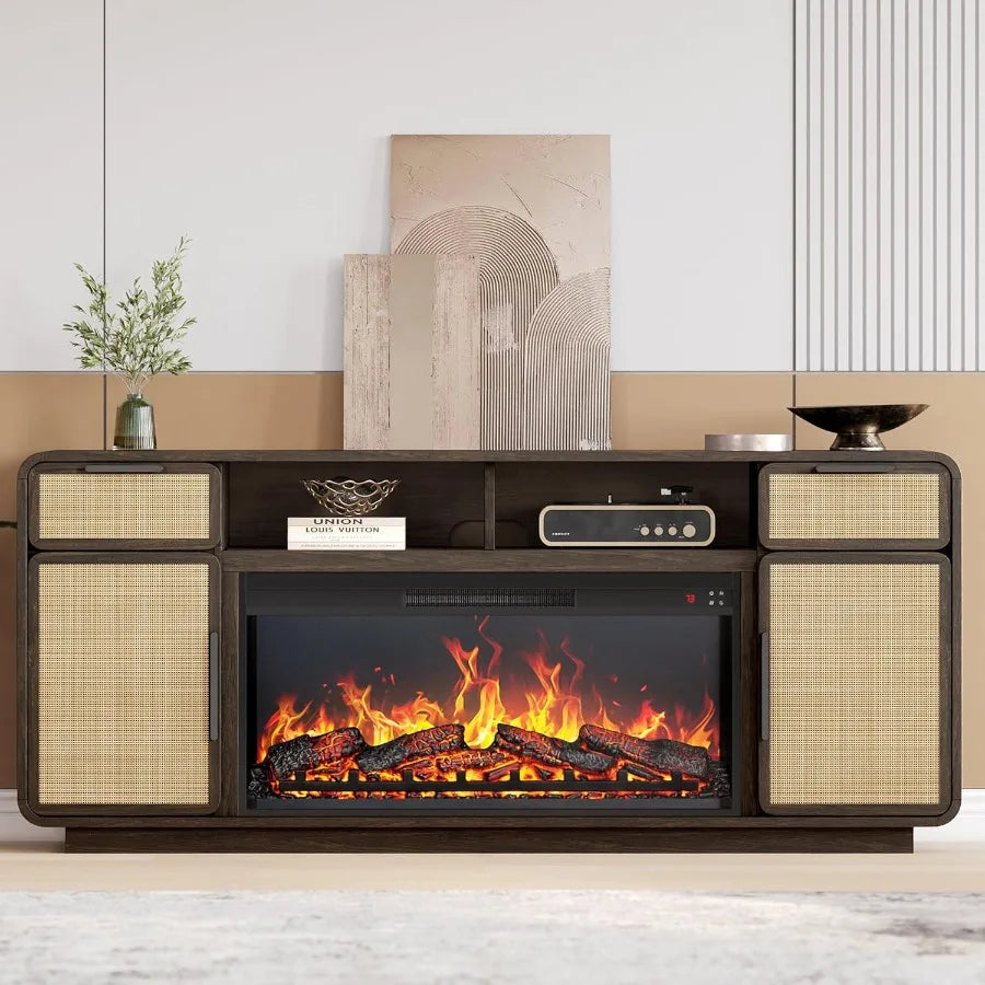 LISM 68-Inch Boho TV Stand with Rattan and Electric Fireplace