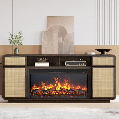 LISM 68-Inch Boho TV Stand with Rattan and Electric Fireplace