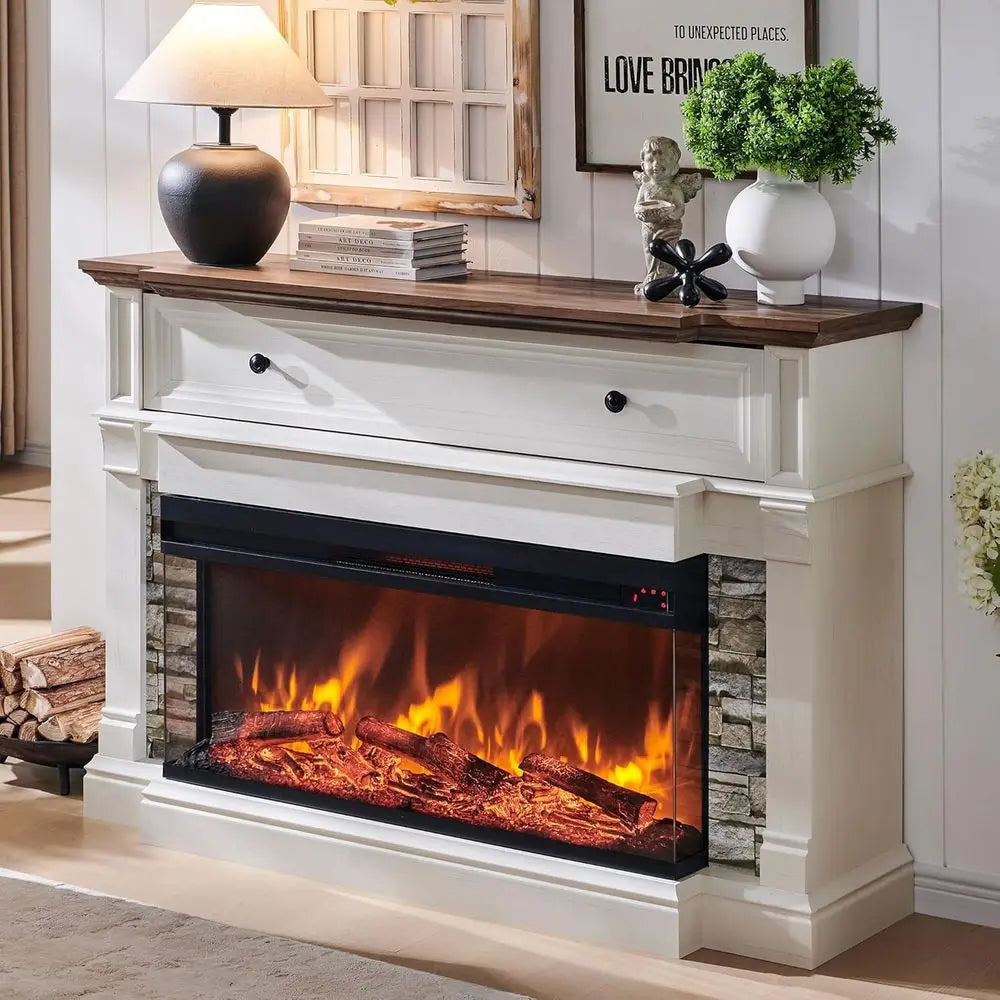 65in Electric Fireplace TV Stand with 36in Insert Antique White