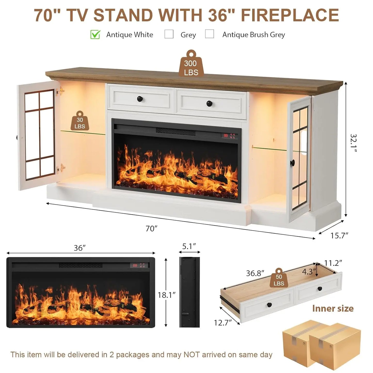 Modern Entertainment Center Electric Fireplace TV Stand with LED Lights