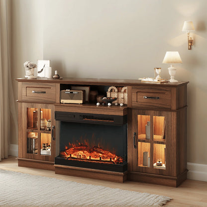 58 Inch Deep Walnut Electric Fireplace TV Stand Lattice Doors
