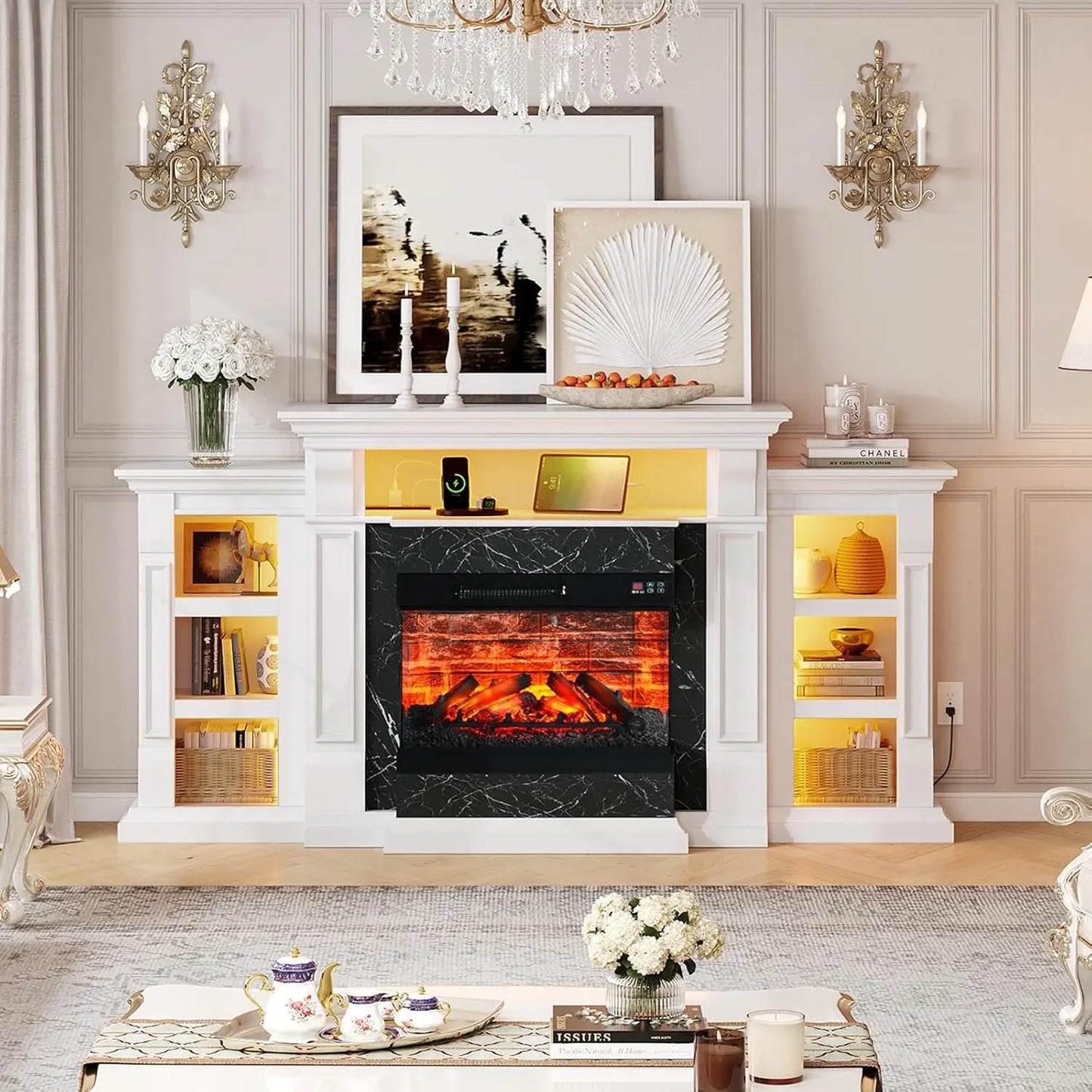72in White Electric Fireplace TV Stand 3-Sided Glass Media Console