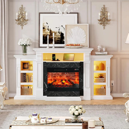 72in White Electric Fireplace TV Stand 3-Sided Glass Media Console