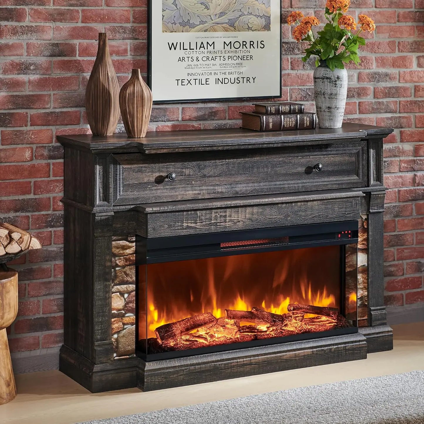Electric Fireplace TV Stand 52-Inch 3-Sided Glass Dark Rustic Oak