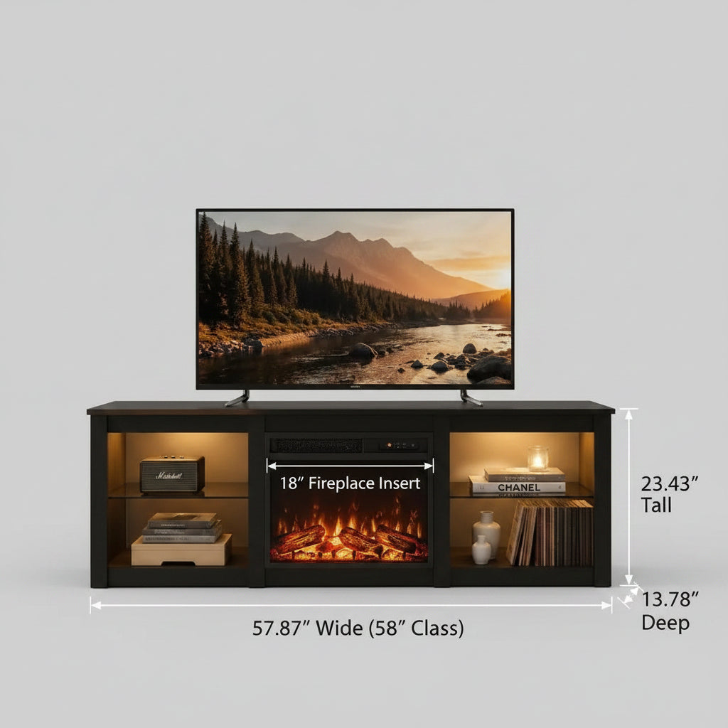 58 Inch TV Stand with LED Lights and Electric Fireplace