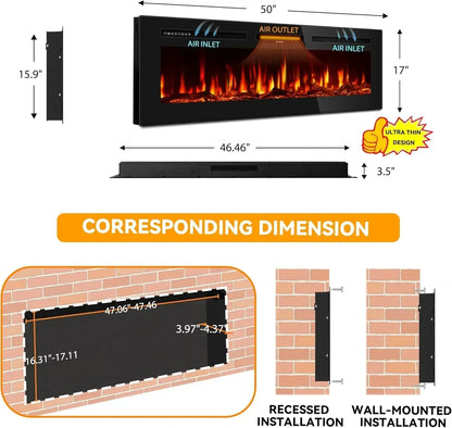 XMSJ 50 Inch Electric Fireplace Wall Mounted Recessed Heater 1500W
