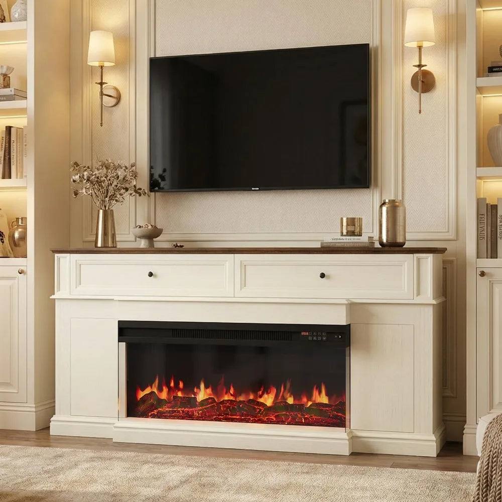 63-inch Antique White Fireplace TV Stand Modern Media Console