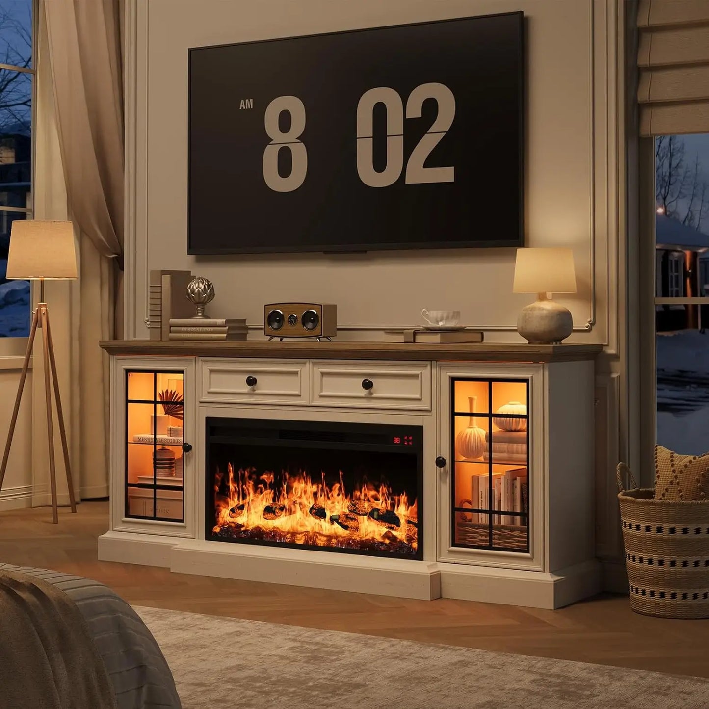 Modern Entertainment Center Electric Fireplace TV Stand with LED Lights