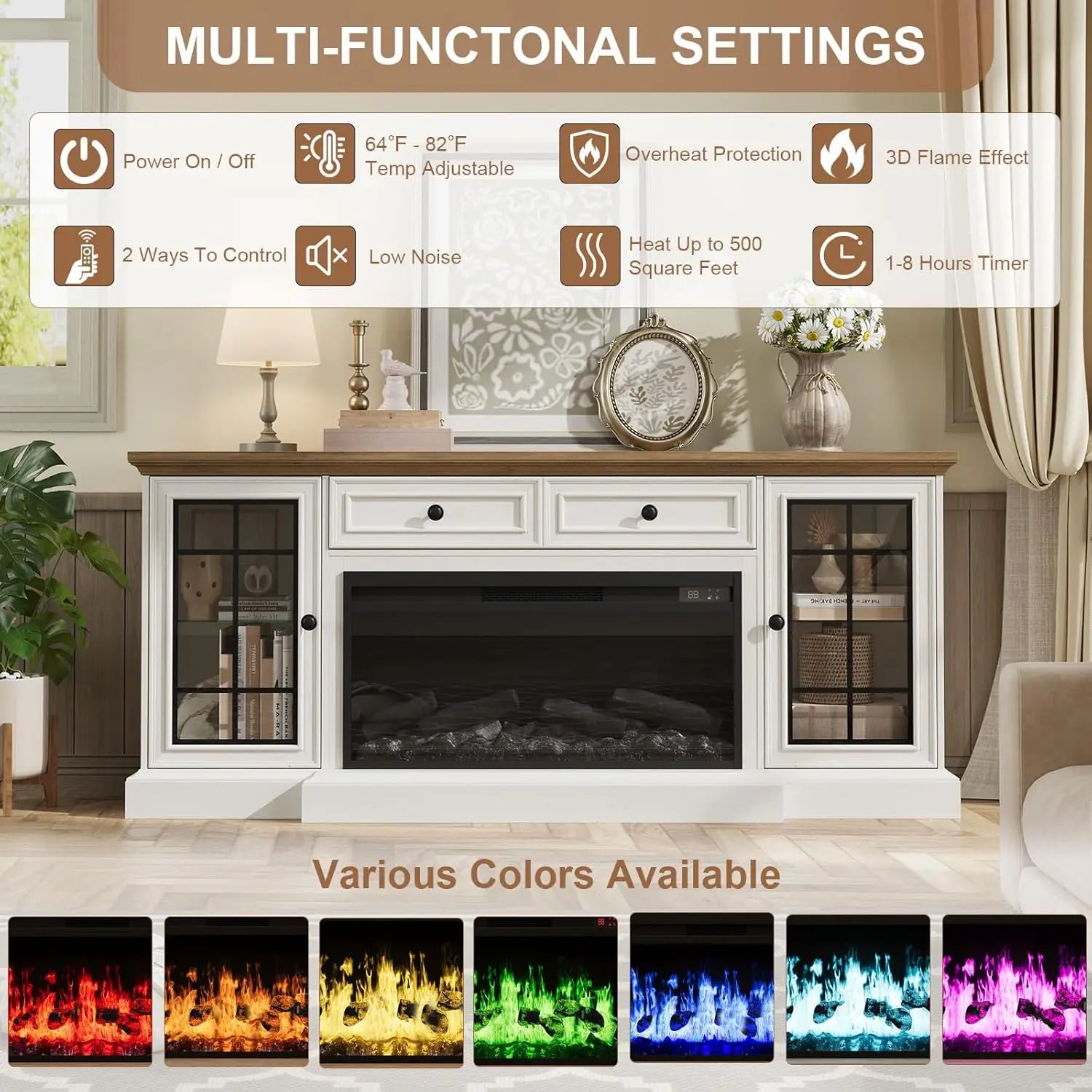 Modern Entertainment Center Electric Fireplace TV Stand with LED Lights