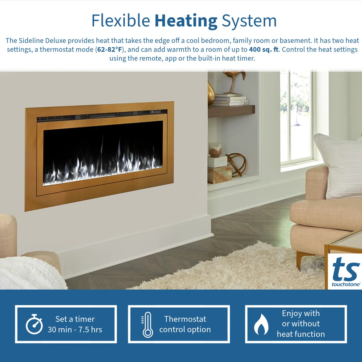 Sideline Deluxe 60 Inch Smart Electric Fireplace - Gold