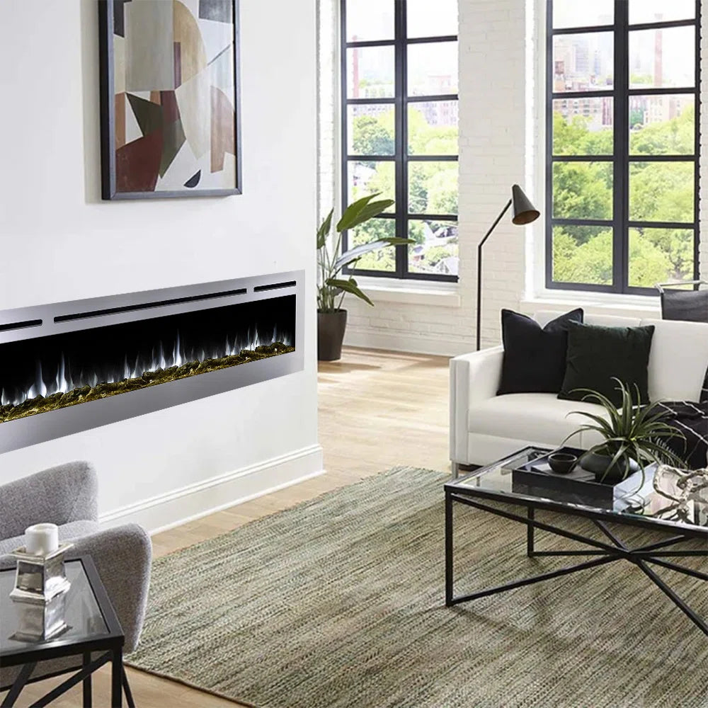 Sideline Deluxe(48", 58", 70") Recessed/Wall Mount Smart Electric Fireplace - Stainless Steel - Silver
