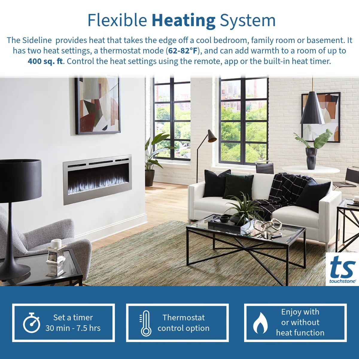Sideline Deluxe(48", 58", 70") Recessed/Wall Mount Smart Electric Fireplace - Stainless Steel - Silver