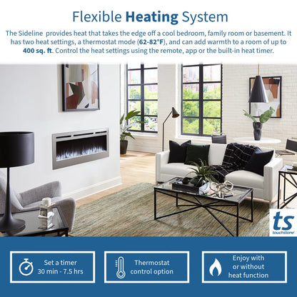 Sideline Deluxe(48", 58", 70") Recessed/Wall Mount Smart Electric Fireplace - Stainless Steel - Silver