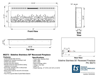 Sideline Deluxe(48", 58", 70") Recessed/Wall Mount Smart Electric Fireplace - Stainless Steel - Silver