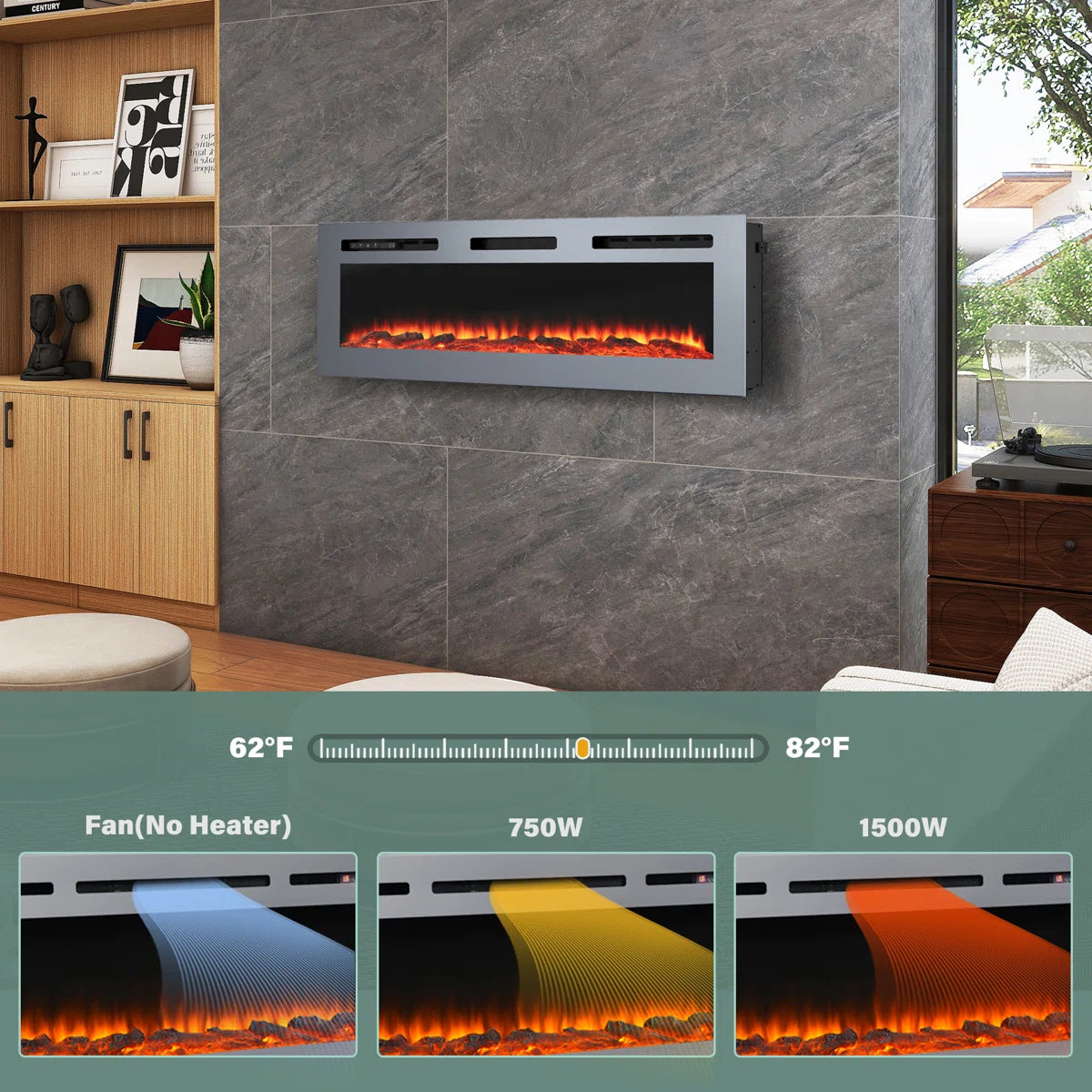 Simple Flame 50 & 60 Inch Fire Electric Fireplace - Wall Mounted/Recessed - Stainless Steel