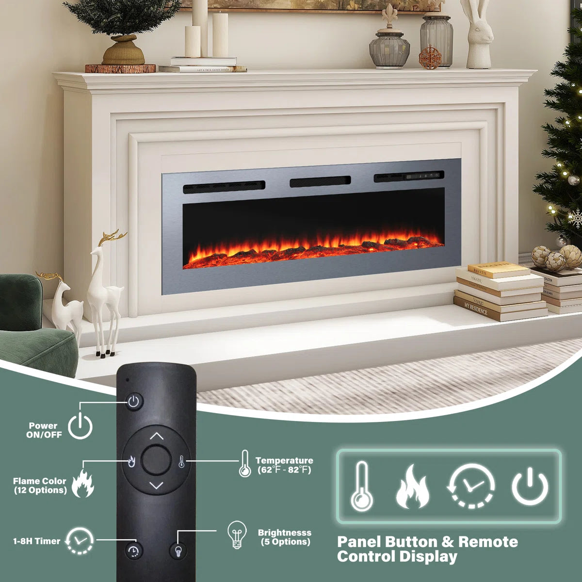 Simple Flame 50 & 60 Inch Fire Electric Fireplace - Wall Mounted/Recessed - Stainless Steel