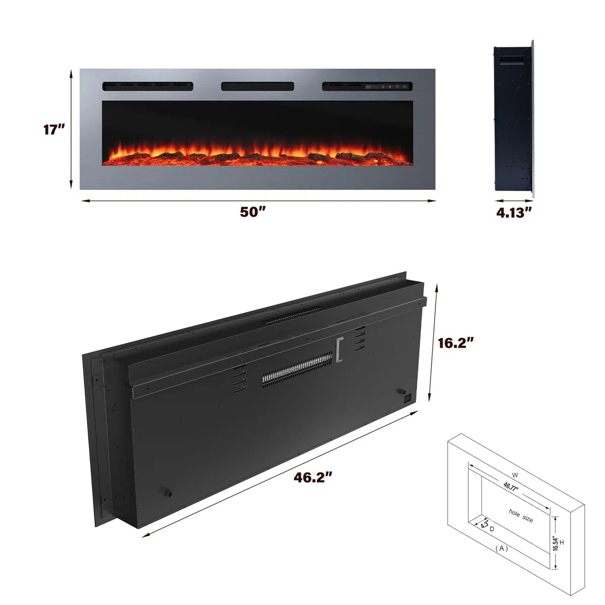 Simple Flame 50 & 60 Inch Fire Electric Fireplace - Wall Mounted/Recessed - Stainless Steel